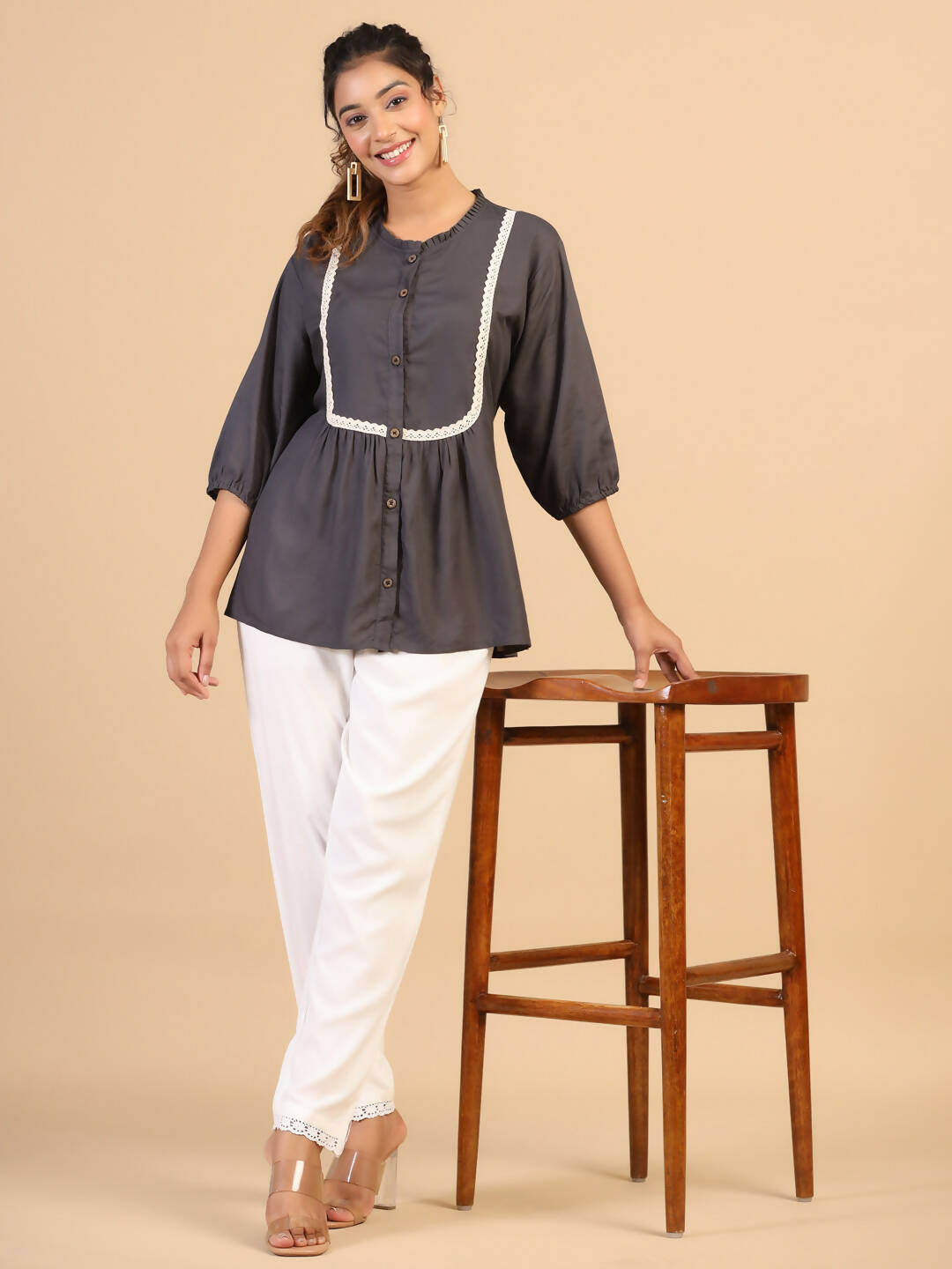 Womens Grey Rayon Solid Top - Keeva - Distacart