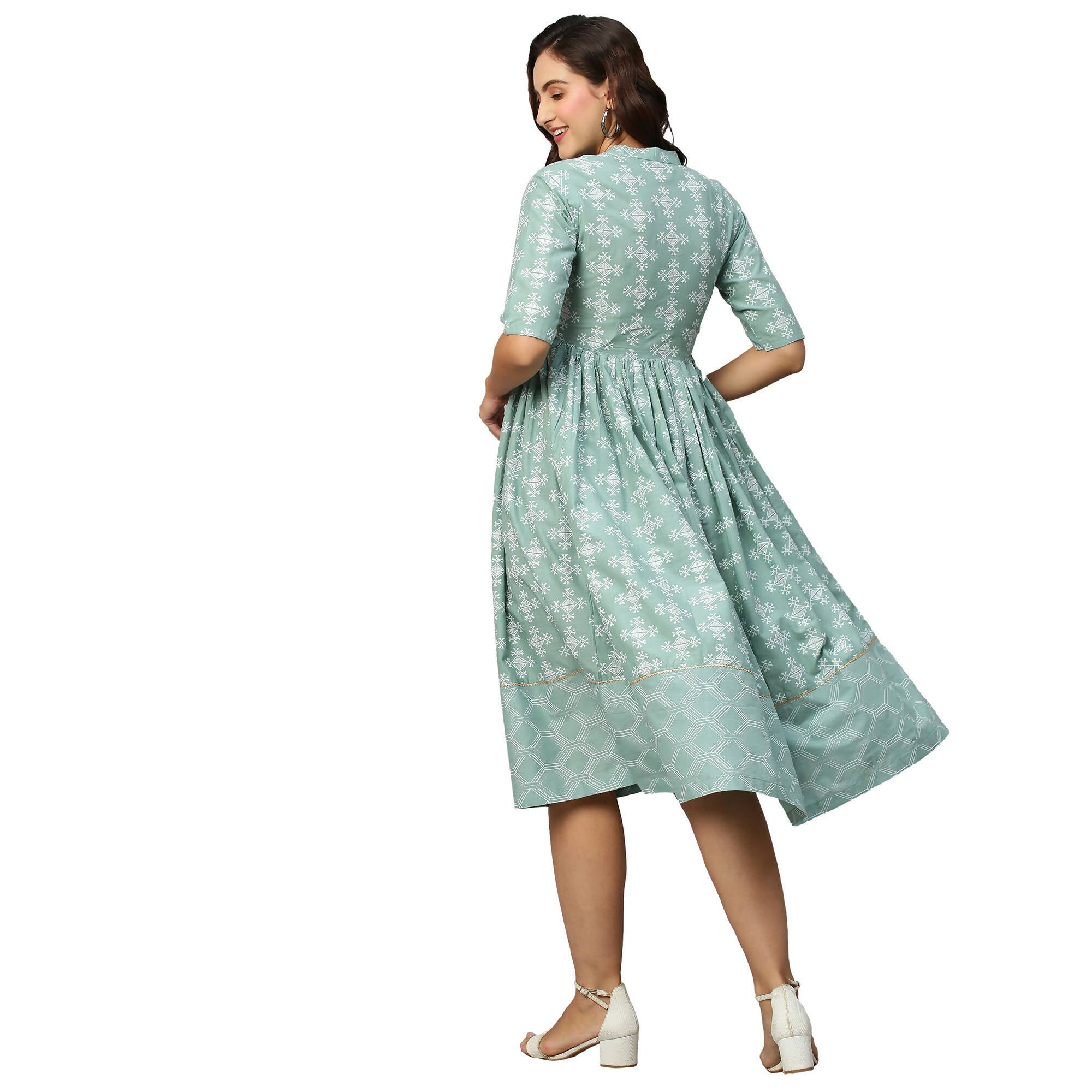 Green & Off-White Ethnic Motifs Printed Cotton A-Line Dress - Poonam - Distacart