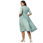 Thumbnail for Green & Off-White Ethnic Motifs Printed Cotton A-Line Dress - Poonam - Distacart