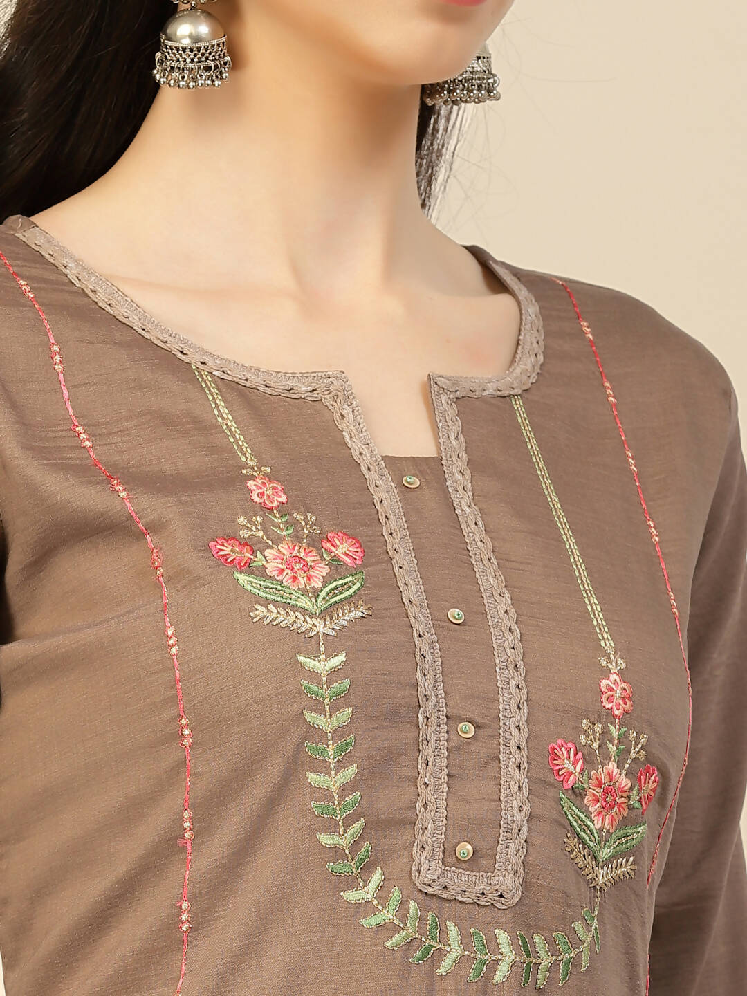 Brown Embroidered Chinon Straight Kurta With Trouser & Dupatta - Salimar - Distacart