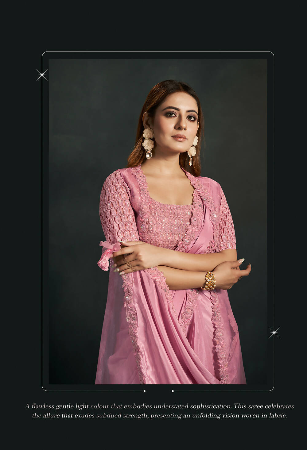 Pink Silk Crepe Georgette Cord Sequence & Thread Embroidered & Stone Work Saree - Moh-Manthan Royal Enigma - Distacart