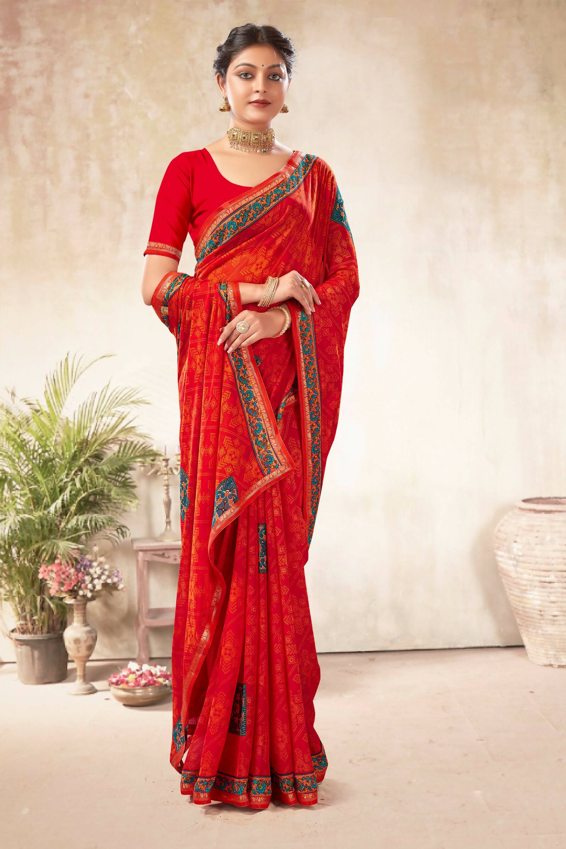 Red Georgette Bandhni Printed Saree With Unstitched Blouse Piece - Shanaya - Distacart