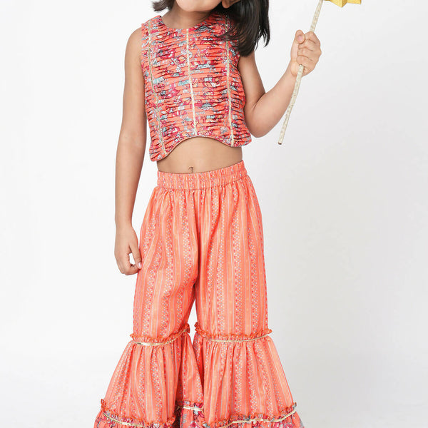 Lil Drama Golden Weaves Orange Crop Top With Palazzo Co-Ordinate Set - Distacart