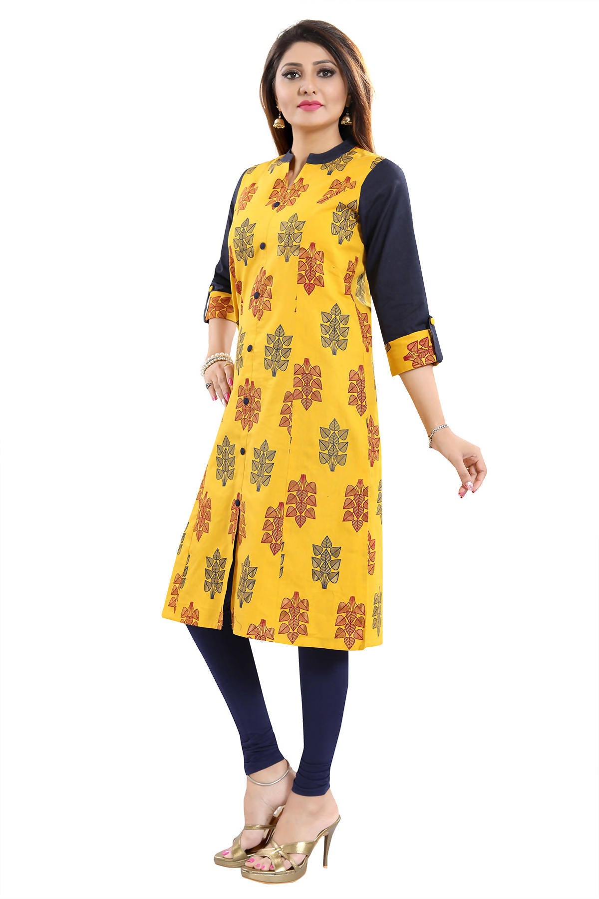 Snehal Creations Luscious Lemon Yellow Shirt Style Cotton Printed Tunic - Distacart