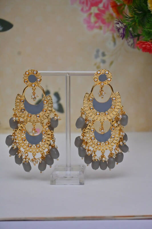 Meenakari Work Gold Plated 2 Layered Beaded Grey Chandbali Earrings with Kundan and Pearl Work By House of Ree - Distacart