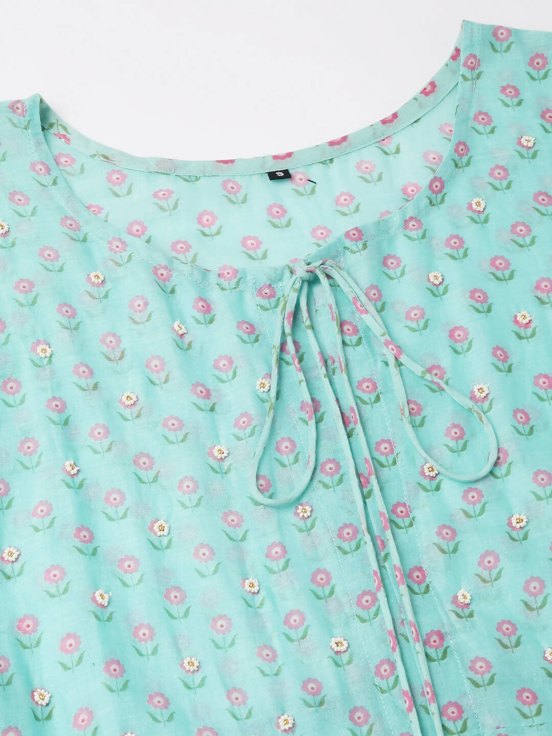 Sea Green Cotton Solid Flared Dress with Printed Shrug - Yukti - Distacart
