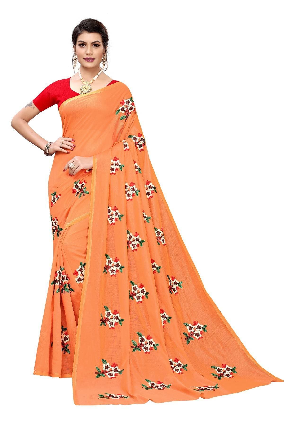 Vamika Orange Chanderi Cotton Embroidery Floral Saree