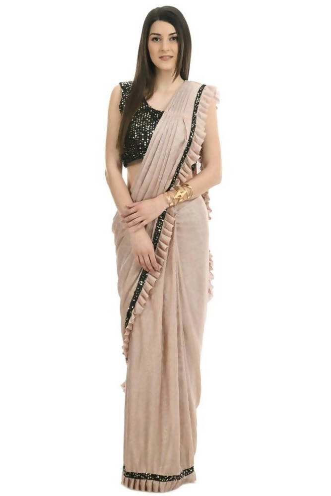 Mominos Fashion All Season Wear Beige And Black Colour Ruffled Ready To Wear Saree - Distacart