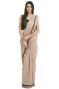 Thumbnail for Mominos Fashion All Season Wear Beige And Black Colour Ruffled Ready To Wear Saree - Distacart
