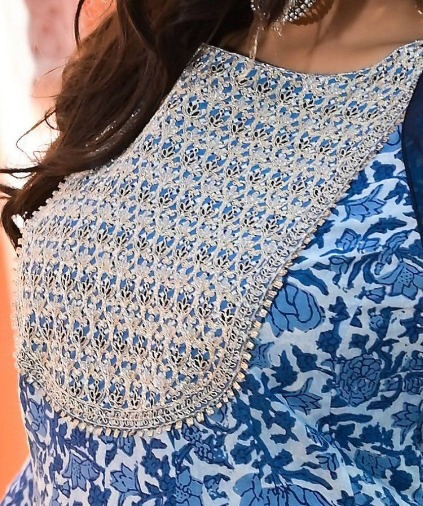 Yufta Women Blue Printed Pure Cotton Anarkali Kurta with Trouser & With Dupatta