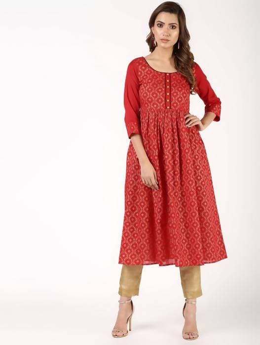 Aniyah Cotton Block Print Flared Kurta In Red (AN-151K)