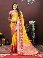 Thumbnail for Lorenvalley Fashion Yellow Organza Silk Woven Design with Meenakari Weaving Saree - Distacart