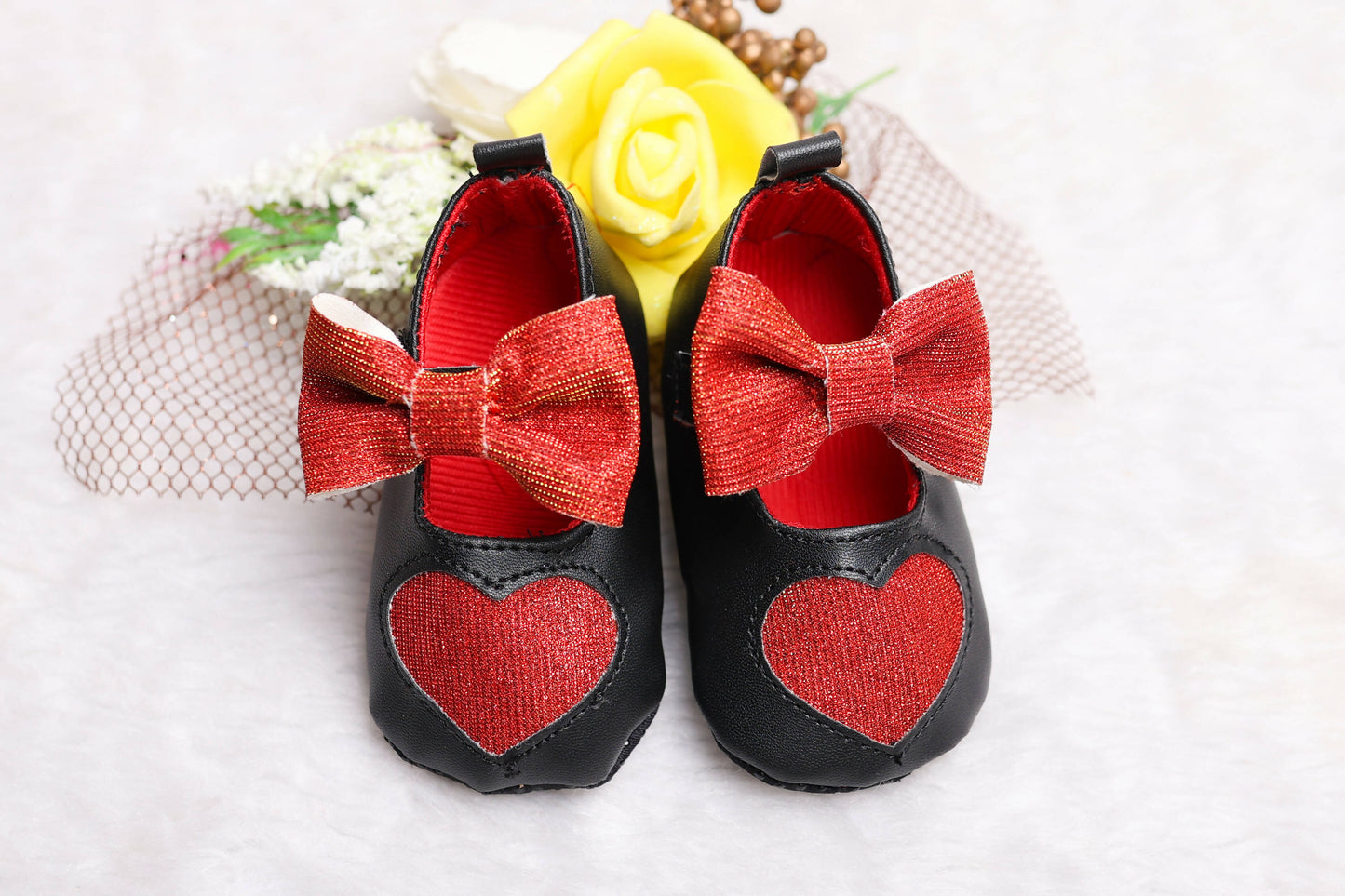 Tiny Bugs Girls Heart Bow Detailing Booties - Black & Red - Distacart