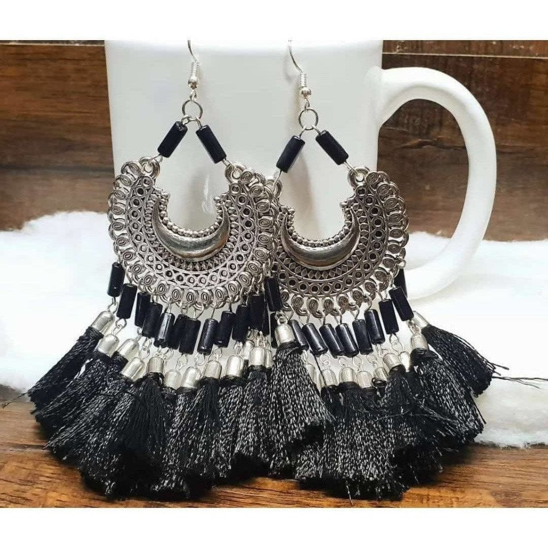 Black Color Threads Oxidized Silver Afghani Chandbali Earrings