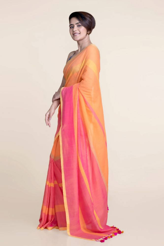 Suta Orange Pink Striped Mul Saree - Distacart