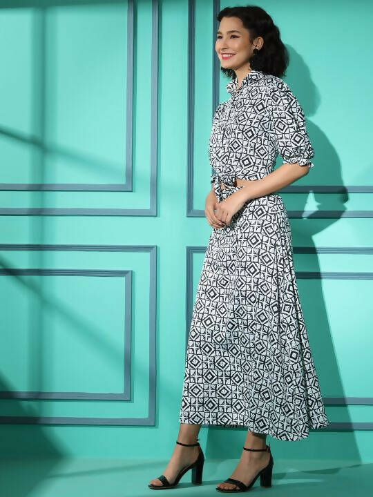White Crepe Geometric Printed Top with Matching Skirt - Shivani - Distacart