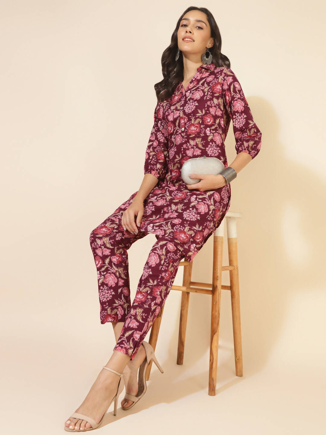 Janasya Women's Purple Cotton Floral Printed Casual Straight Kurta Set - Distacart