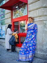 Thumbnail for Blue Satin Organza Floral Woven Design Saree With Unstitched Blouse Piece - Klay's - Distacart