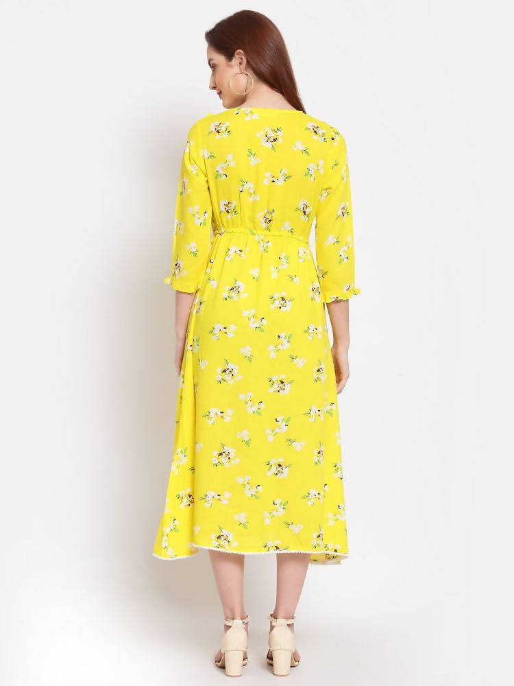 Myshka Women's Yellow Printed Cotton 3/4 Sleeve Round Neck Casual Dress