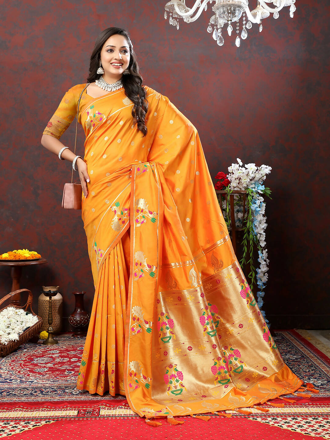 Lorenvalley Fashion Orange Soft Paithani Silk Woven Design Gold Zari Meenakari Weaving Saree - Distacart