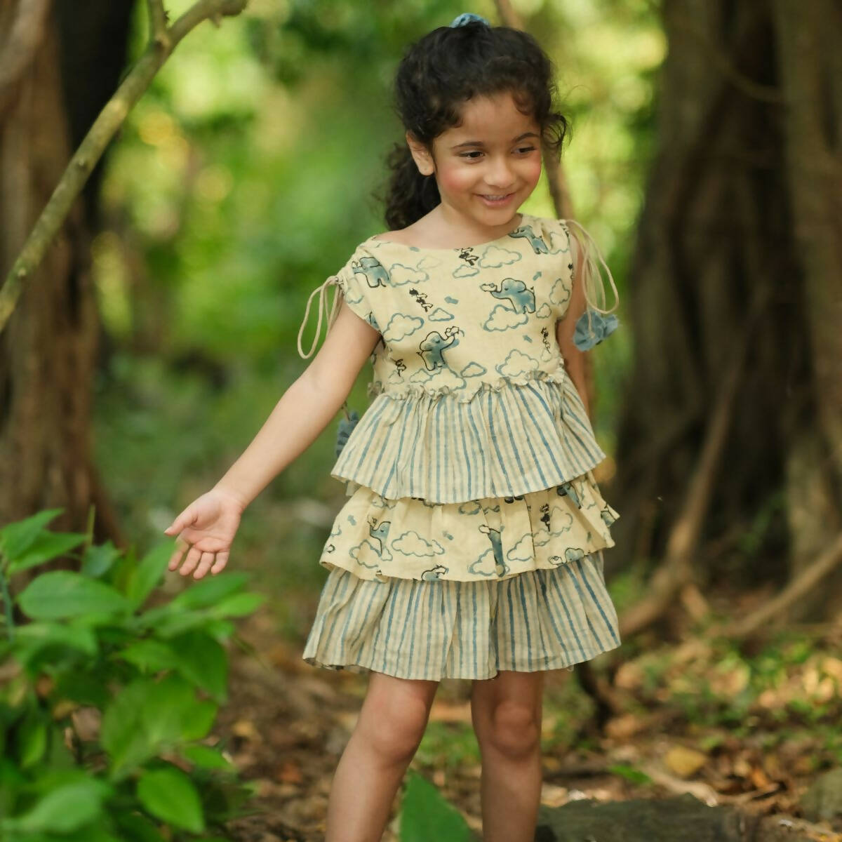 Mhyssa Beige and Blue Round Neck Flared Frock With Gathers - Distacart