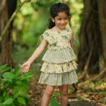 Thumbnail for Mhyssa Beige and Blue Round Neck Flared Frock With Gathers - Distacart