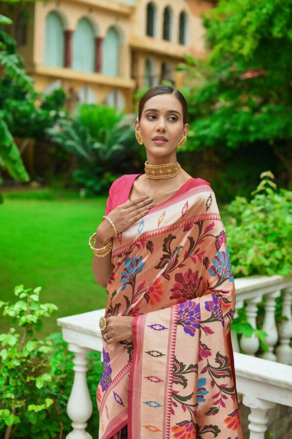 Vishnu Weaves Women's Gajri Paithani Silk Zari Woven Saree with Unstitched Blouse - Distacart