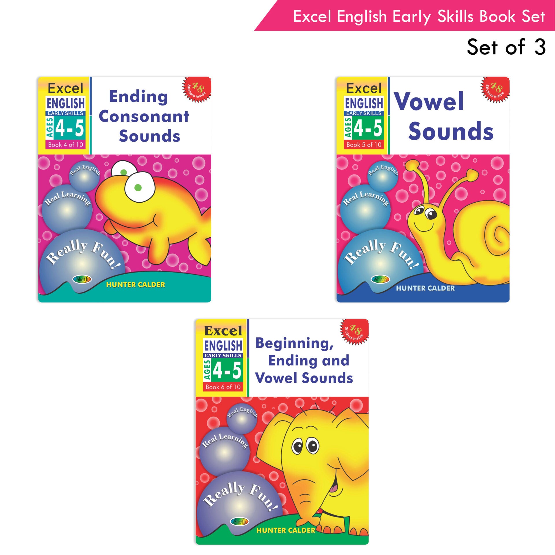 Excel English Early Skills Ages 4 - 5 Years (Set of 3) | Beginning, Ending Consonant & Vowel Sound Books for Junior KG - Distacart