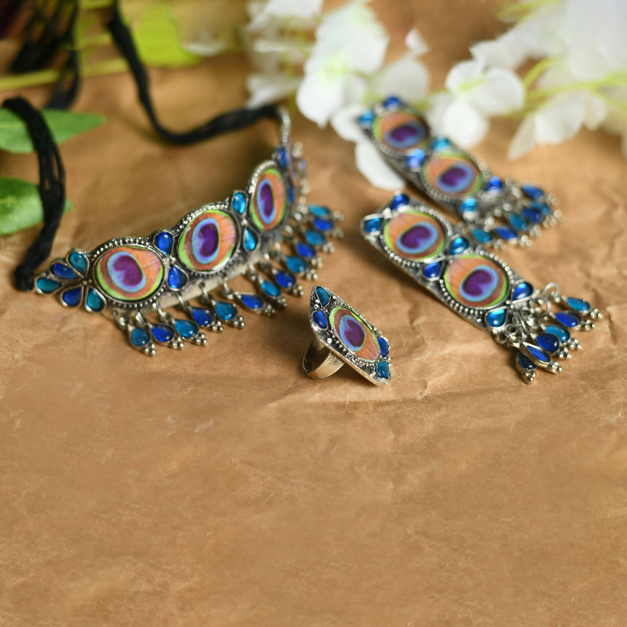 Mominos Fashion Johar Kamal Oxidised Silver-Plated Brass Finish Peacock Wings Choker For Women - Distacart