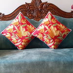 Thumbnail for The Decor Nook Hand Embroidered Crewel Cushion Covers in Mustard Chinar Leaf Motif with Red Base - Distacart