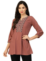 Thumbnail for Brown Chinon Floral Embroidered Top - Zeny - Distacart