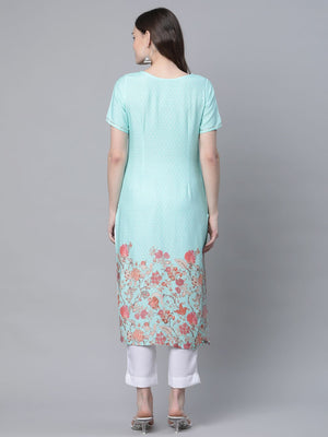 Ahalyaa Women Sky Blue Rayon Printed Kurta Pant Set