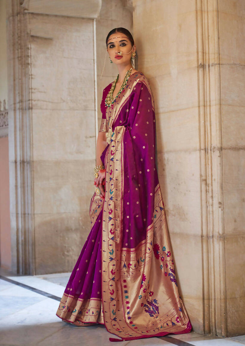Mulberry Wood Purple Soft V.P. Silk Magnum Finish, Weaving, Golden Zari Paithani Silk Saree - Rath Kadampalli - Distacart