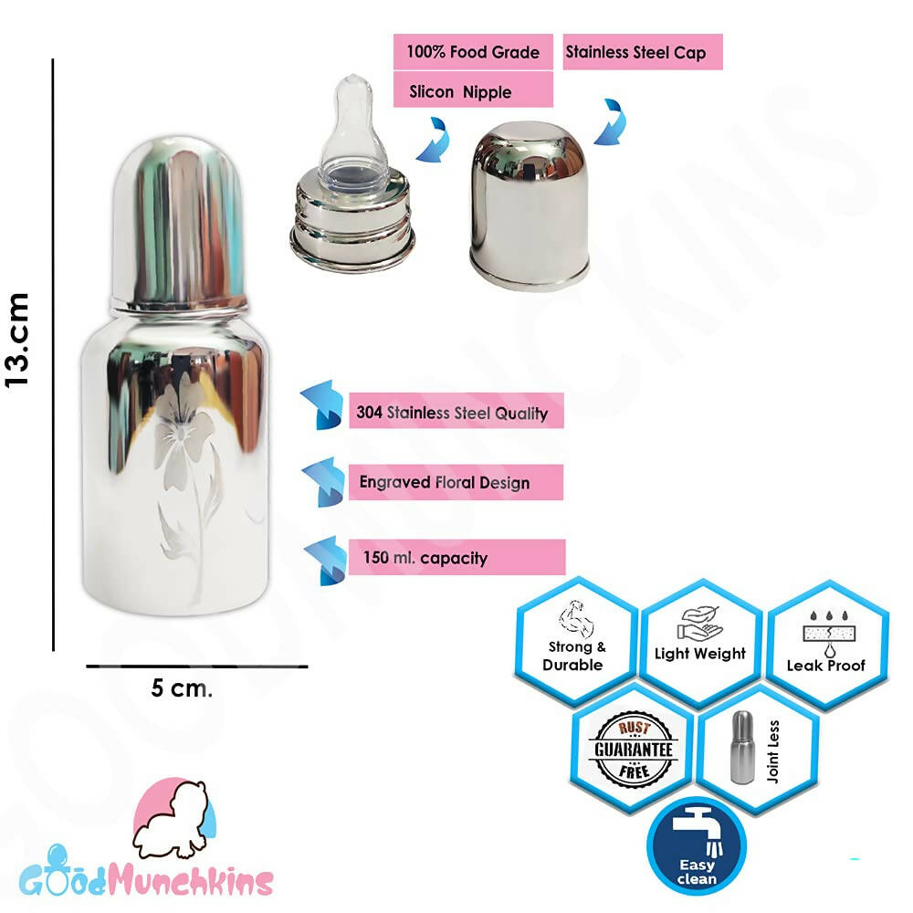 Goodmunchkins Stainless Steel Feeding Bottle with Bottle Cleaning Brush/Chakku/Anti Colic Silicone Nipple Combo-(220ml,Pink) - Distacart