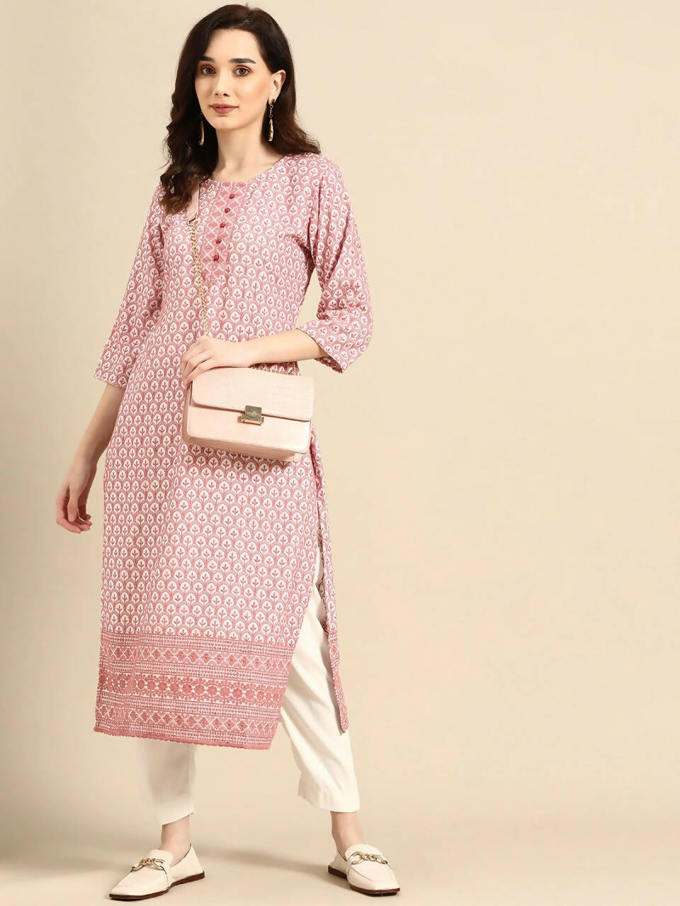 Deeps women's Pink Embroidered Rayon Kurta - Distacart
