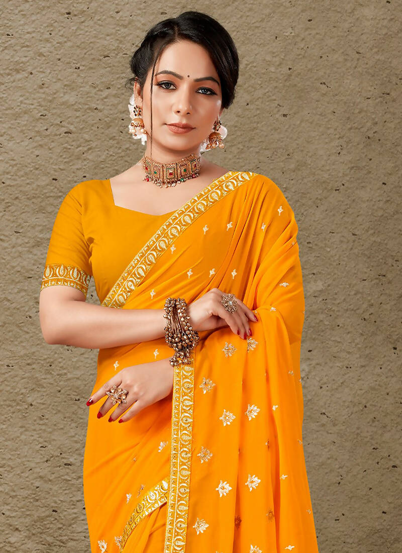 Mustard Georgette Embroidered Saree with Unstitched Blouse Piece - Avika - Distacart
