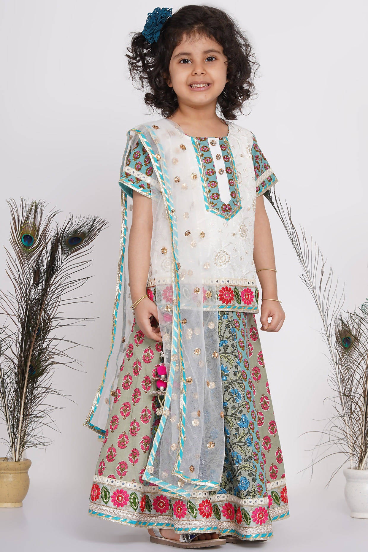 Little Bansi Cotton Embroidery Kurta With Lehenga & Tussel - White & Multicolor - Distacart
