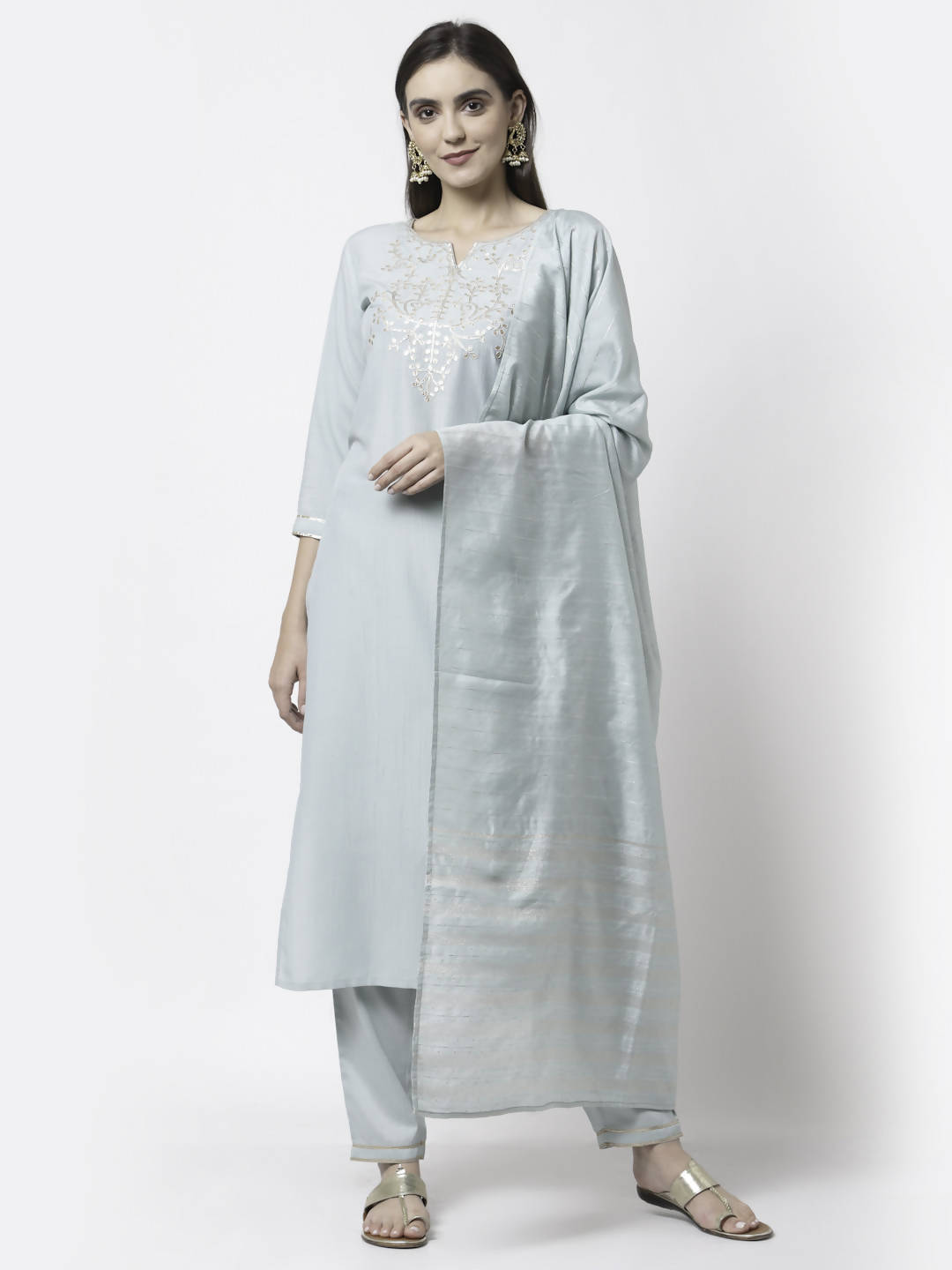 Myshka Grey Silk Blend Embroidered 3/4 Sleeve Round Neck Kurta Pant Dupatta Set