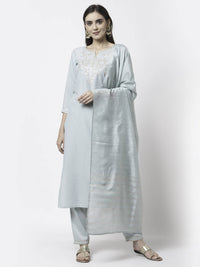 Thumbnail for Myshka Grey Silk Blend Embroidered 3/4 Sleeve Round Neck Kurta Pant Dupatta Set