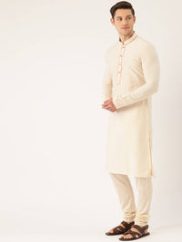 Thumbnail for Manyavar Men Peach & Cream Coloured Woven Jacquard Kurta with Churidar & Nehru Jacket - Distacart