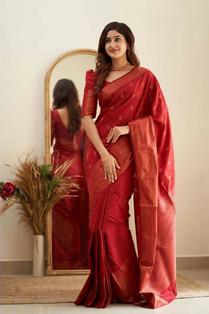 DEIANA'S Beautiful Golden Jari with New Design Soft Lichi Silk Saree - Red - Distacart