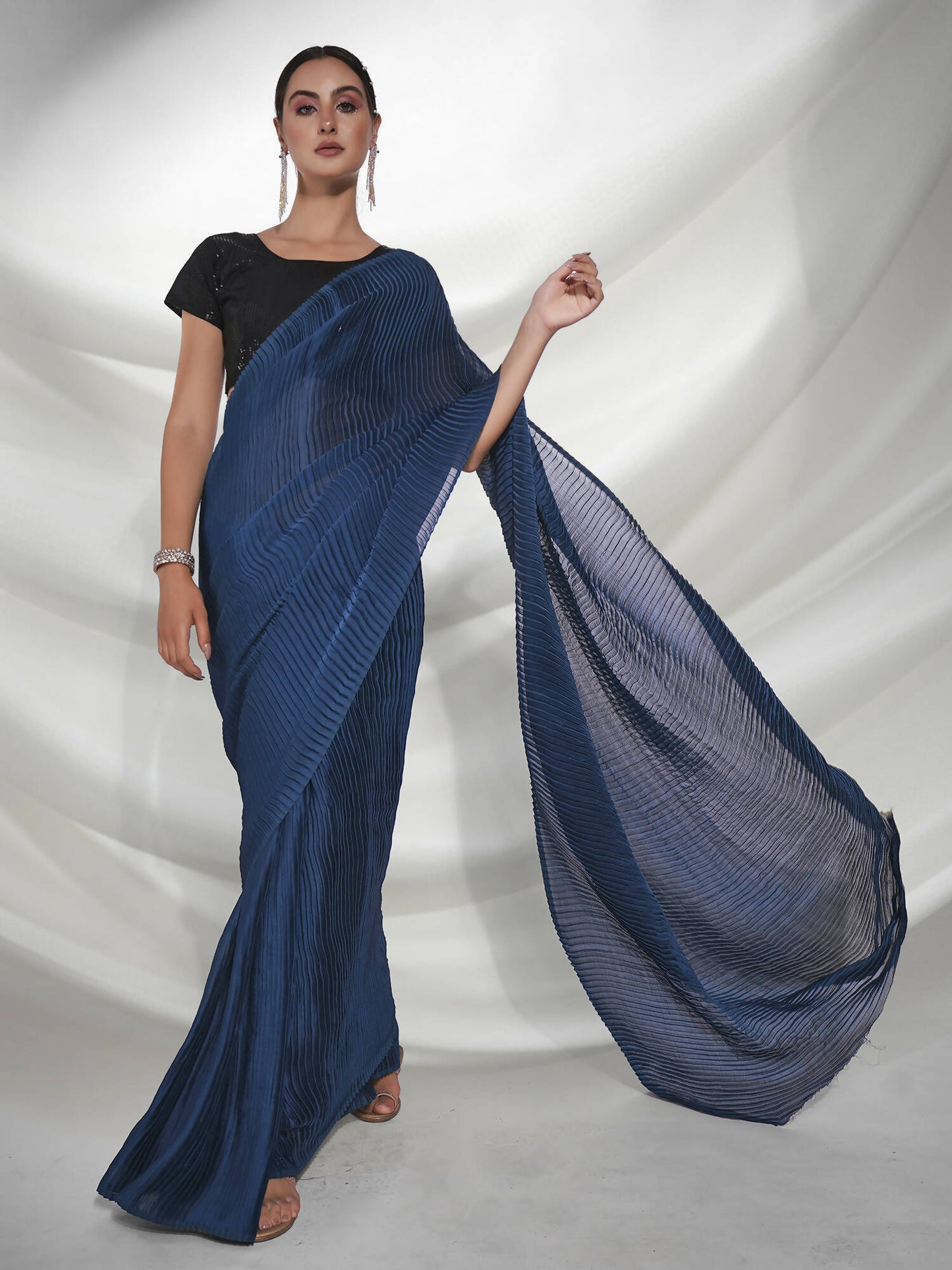 Teal Georgette Solid Texture Saree With Unstitched Blouse Piece - Rajal - Distacart