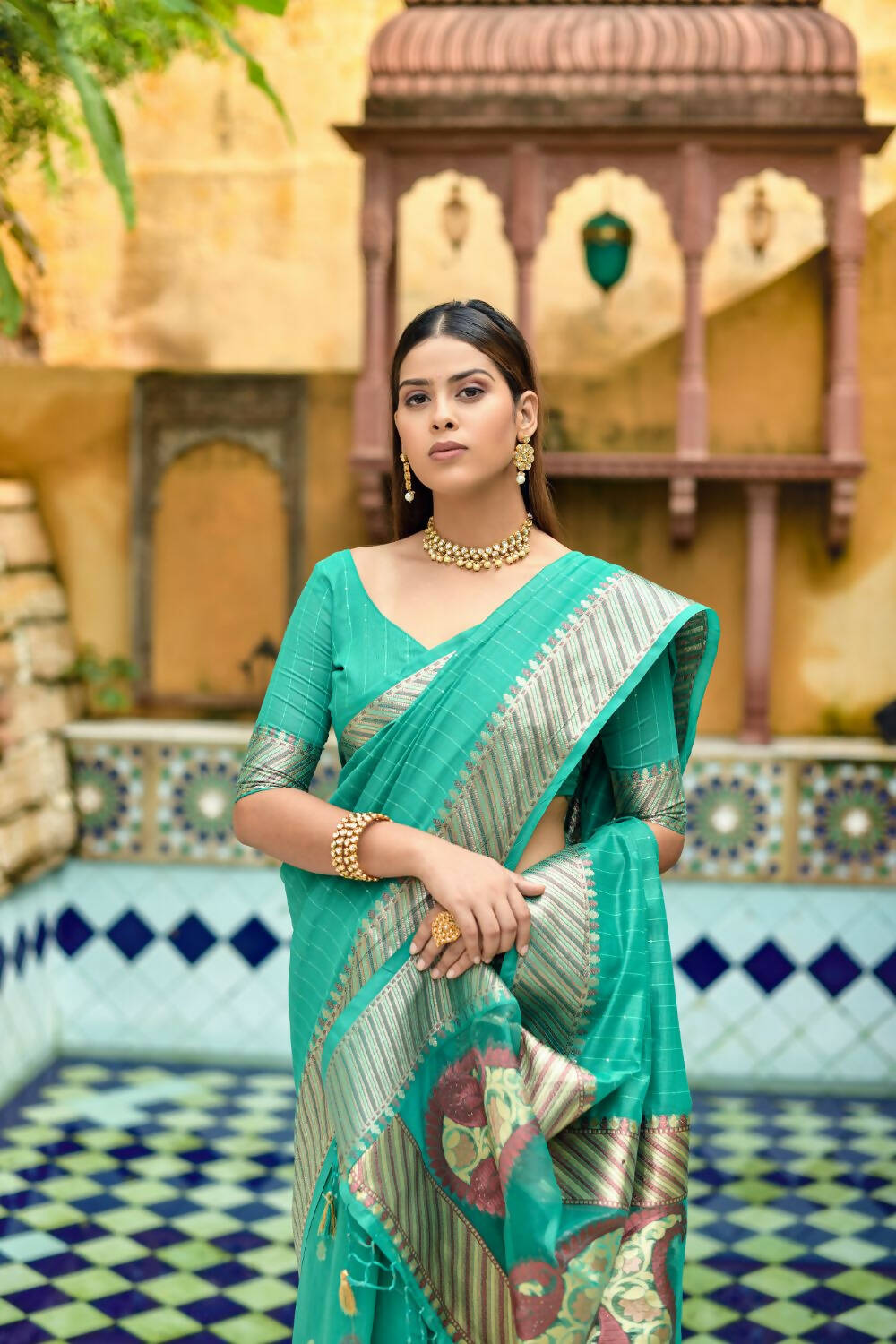 Vishnu Weaves Women's Sea Green Cotton Silk Zari Woven Butta Work Saree with Blouse - Distacart