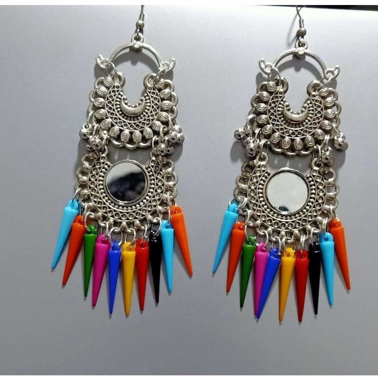 Double Chandbali Hanging Earrings With Multicolor Cone Pearls