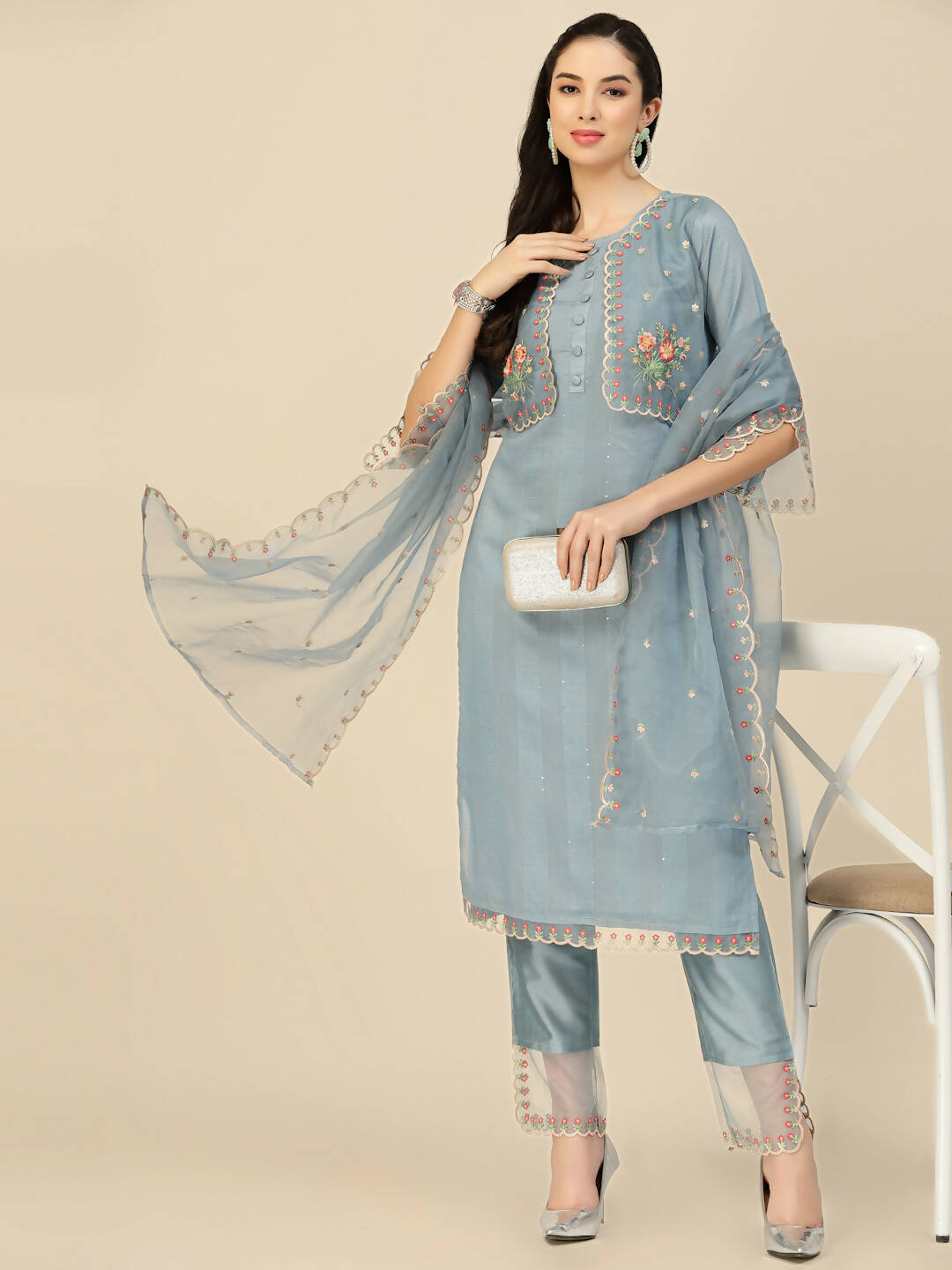Sky Blue Embroidered Chinon Straight Kurta With Trouser & Dupatta - Salimar - Distacart