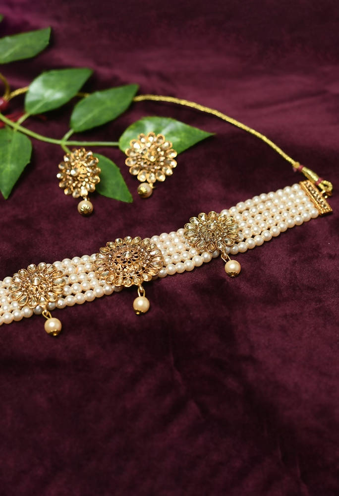 Tehzeeb Creations Golden Plated Necklace And Earrings With Kundan And Pearl