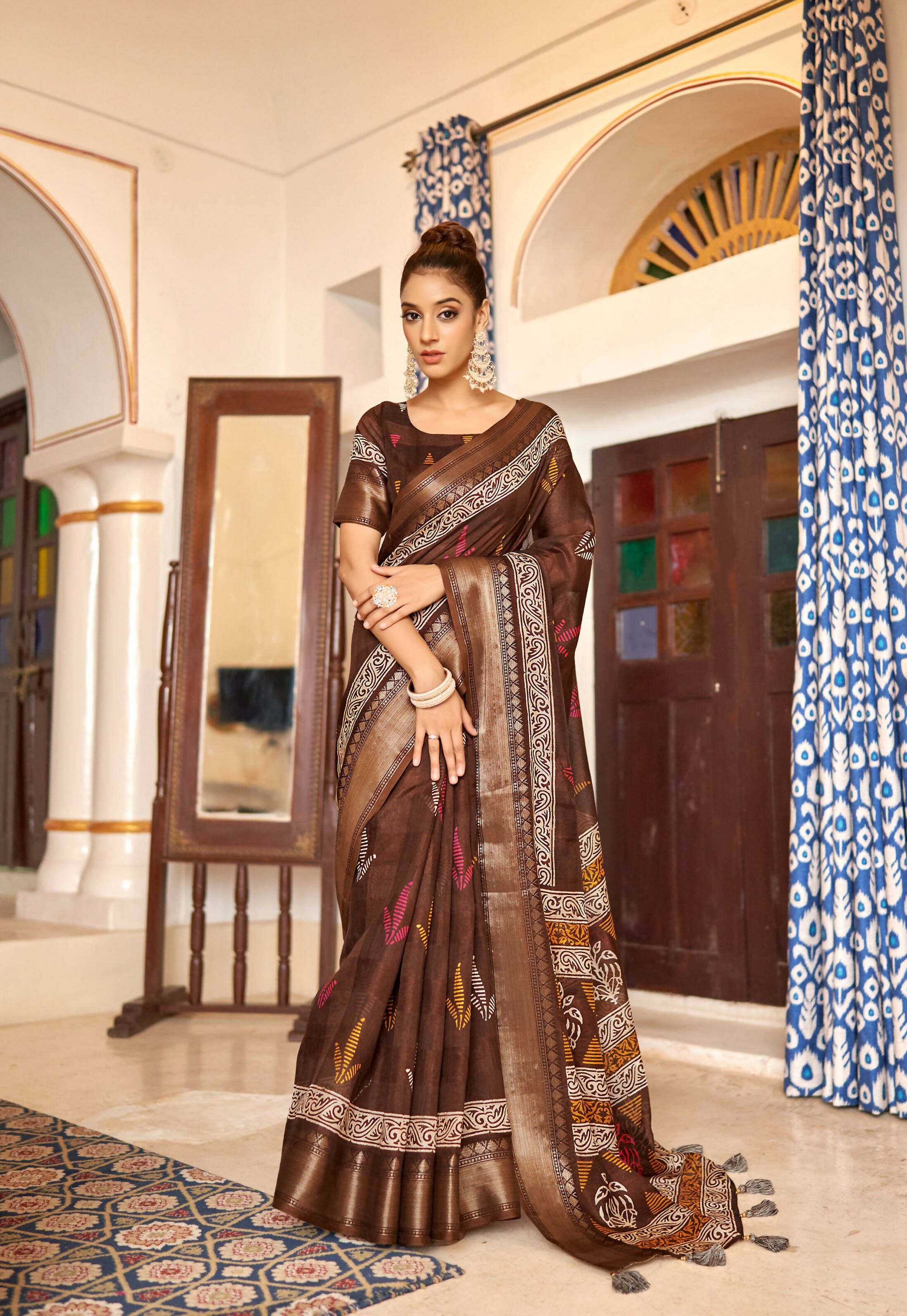 Dark Brown Patta Poly Cotton Floral Printed Saree With Unstitched Blouse Piece - Shades - Distacart