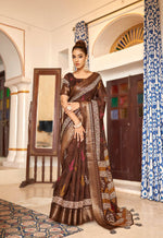 Thumbnail for Dark Brown Patta Poly Cotton Floral Printed Saree With Unstitched Blouse Piece - Shades - Distacart