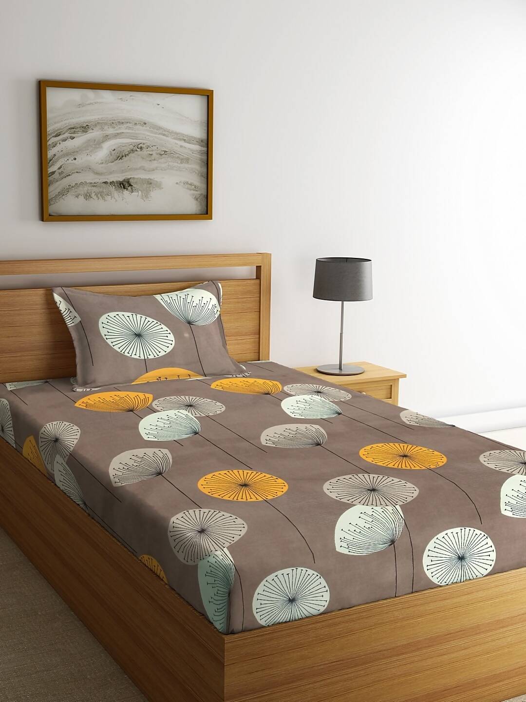 KLOTTHE Brown & Yellow Floral 210 TC Cotton Bedsheet with Pillow Cover - Distacart