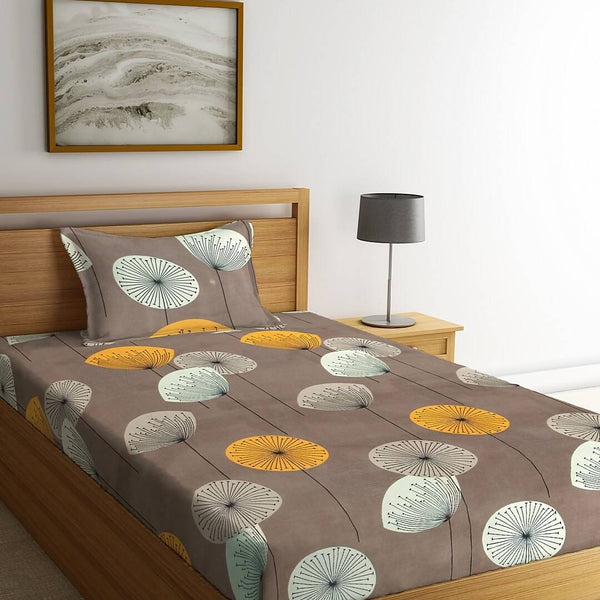 KLOTTHE Brown & Yellow Floral 210 TC Cotton Bedsheet with Pillow Cover - Distacart